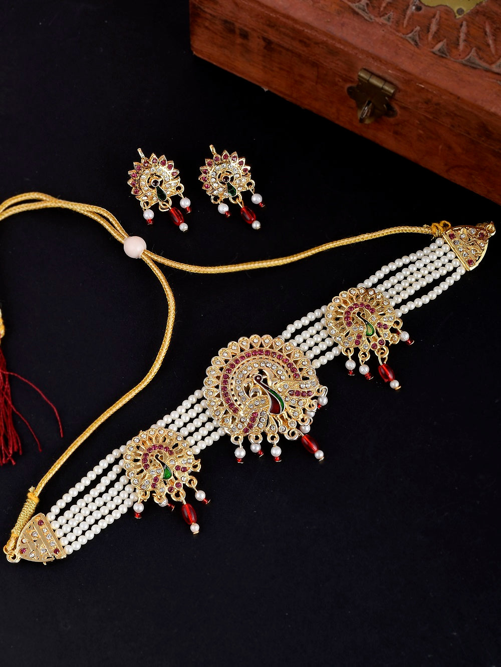 Gold Plated pearl Kundan Peacock Brooch Jewelry Set