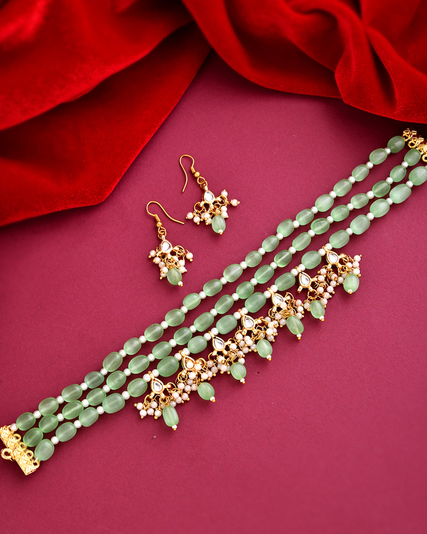 Traditional Green Bead Pearl Necklace Jewellery Set with Matching Earrings for Women