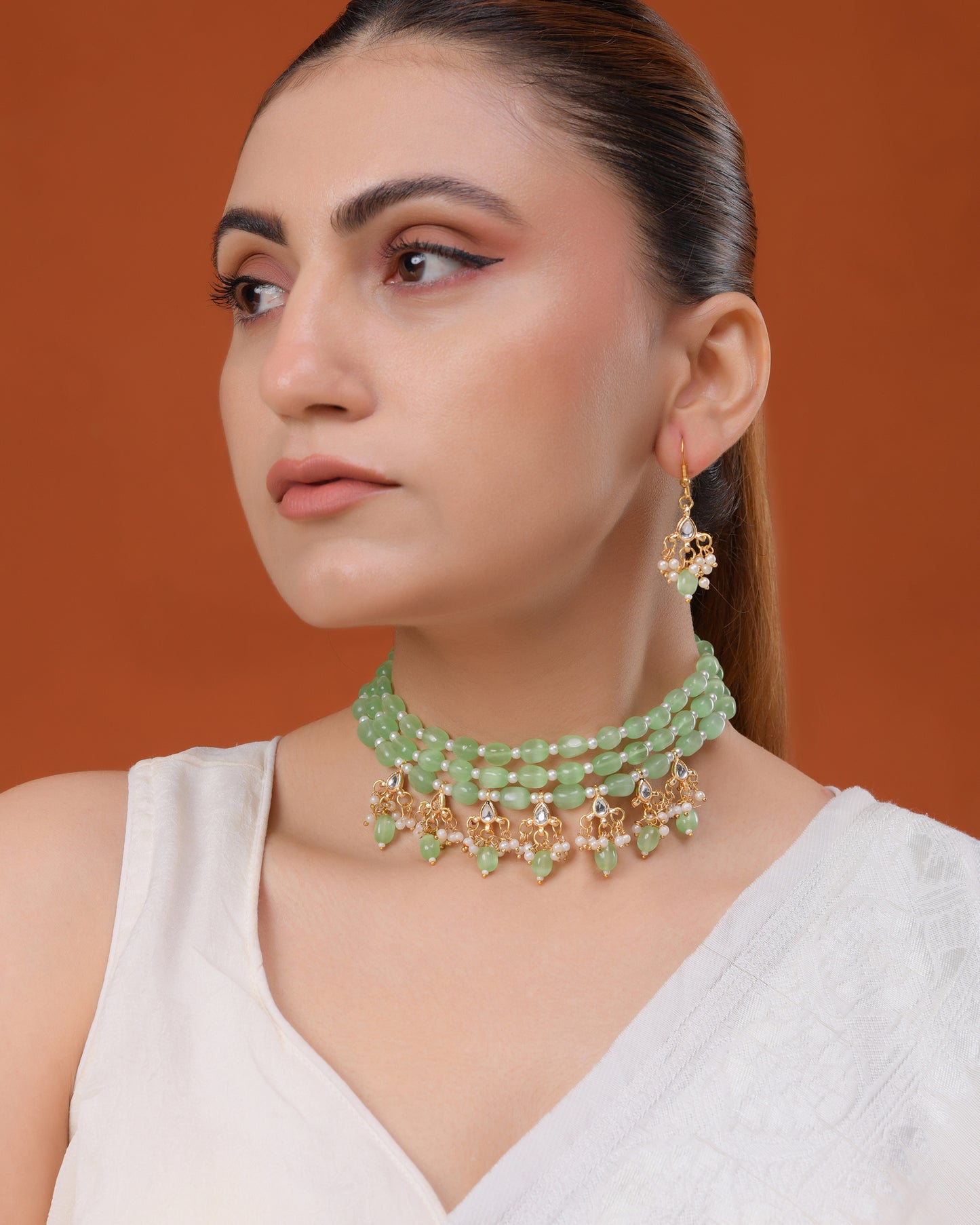 Traditional Green Bead Pearl Necklace Jewellery Set with Matching Earrings for Women