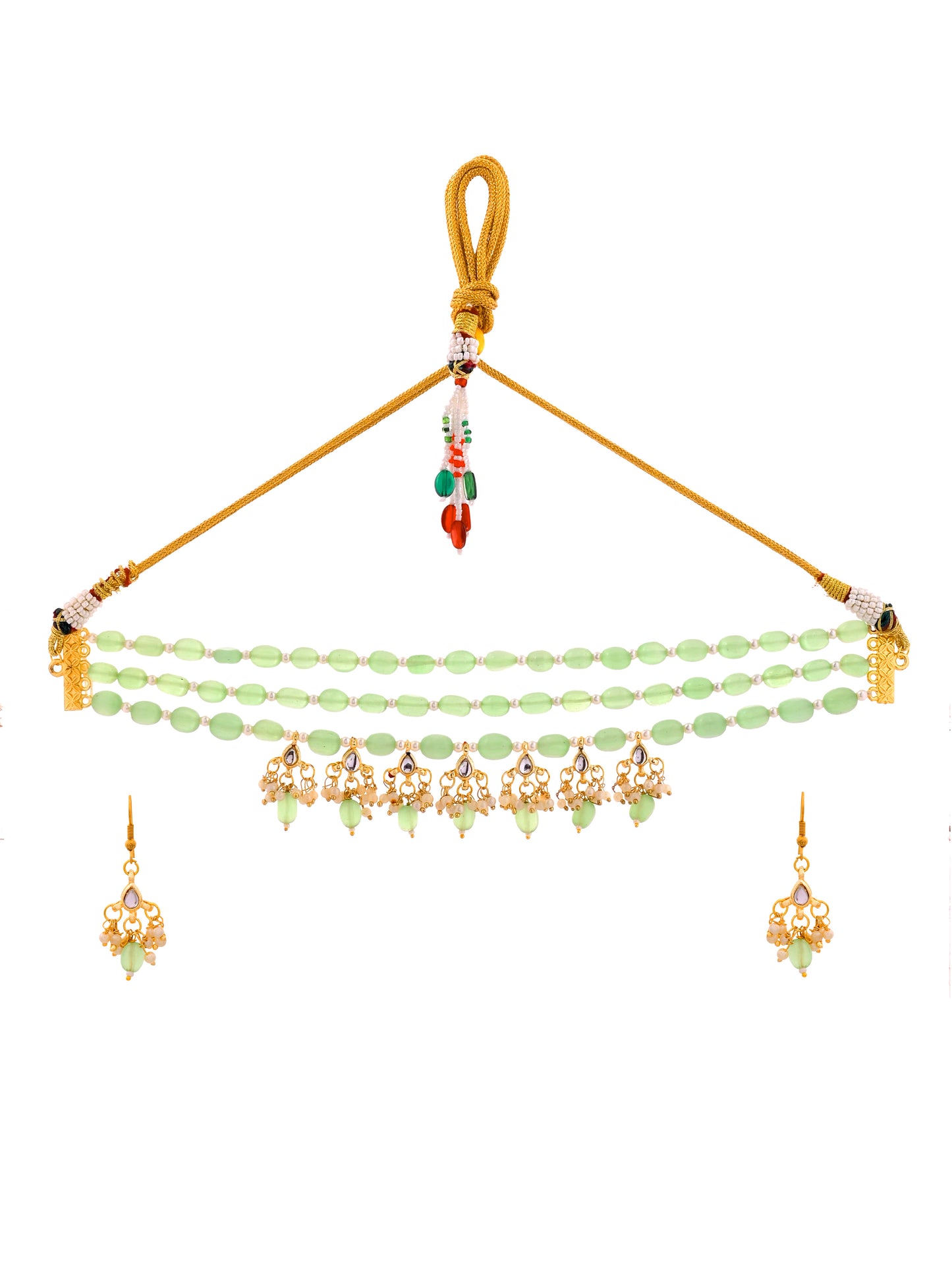 Traditional Green Bead Pearl Necklace Jewellery Set with Matching Earrings for Women