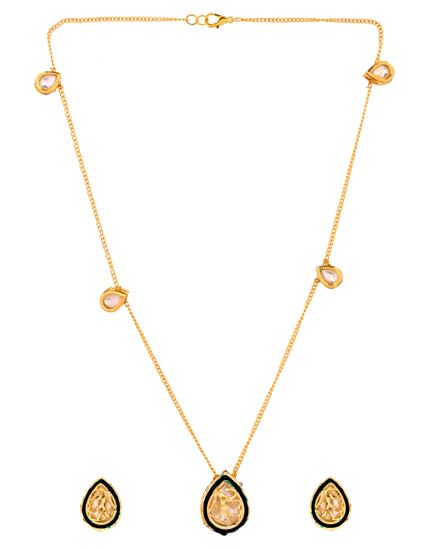 Kundan Pendant Necklace Set with Stud Earrings for Women | Minimal Traditional Teardrop Kundan Jewellery Set