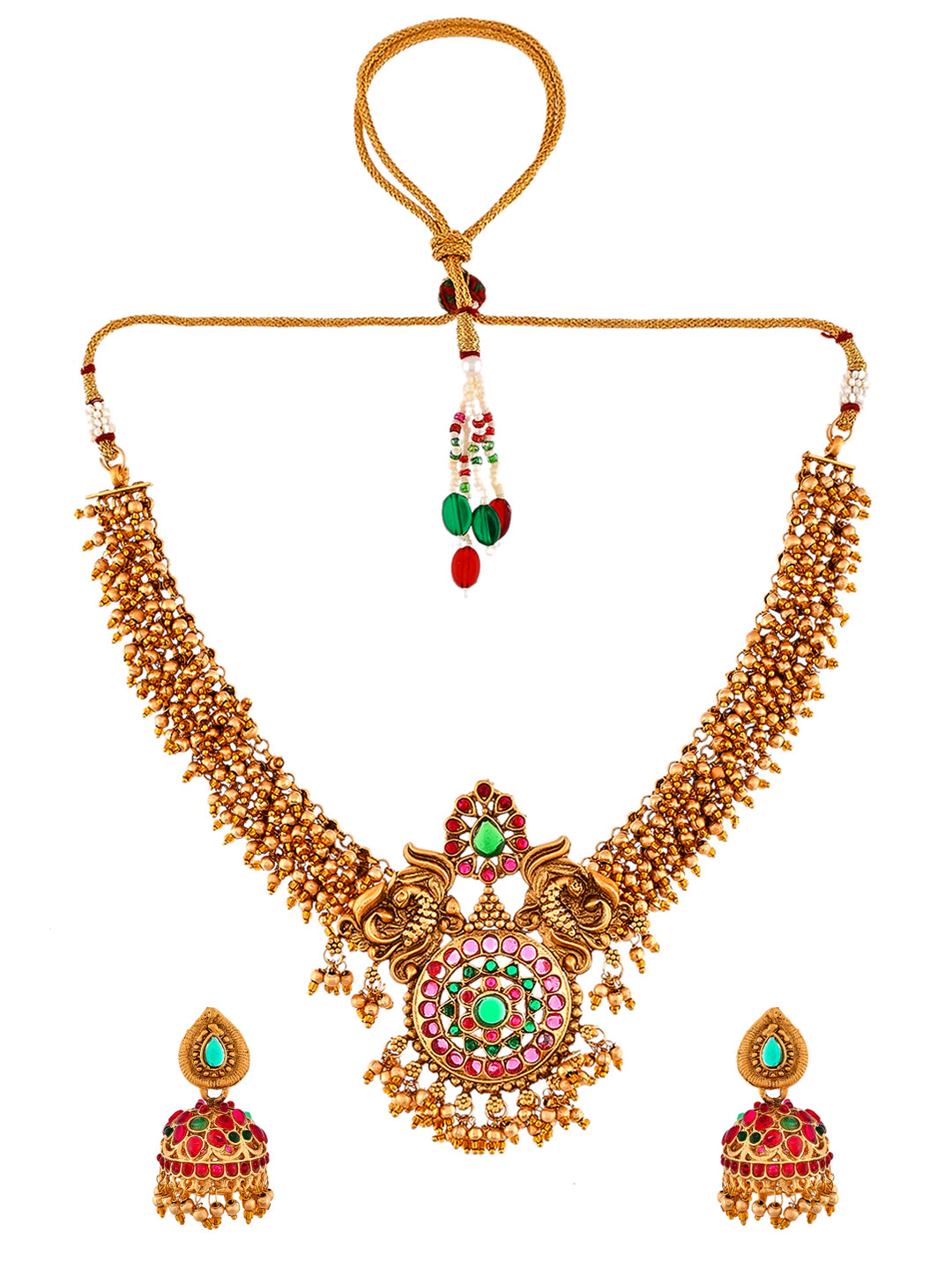 Gold Plated Pink & Green Bead Stubbed South Indian Temple Jewellery Set