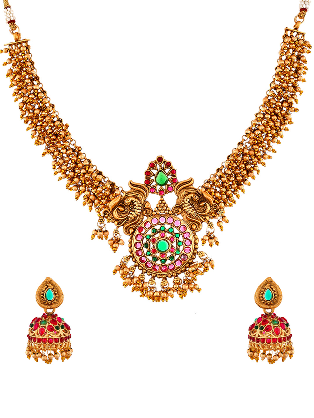 Gold Plated Pink & Green Bead Stubbed South Indian Temple Jewellery Set