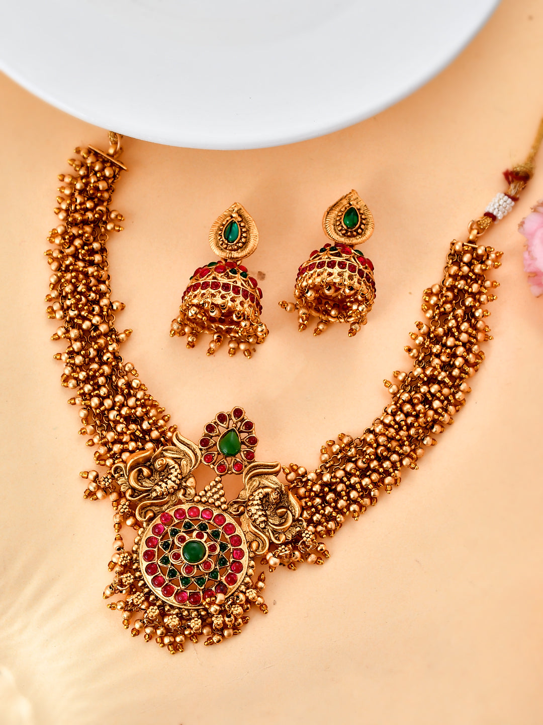 Gold Plated Pink & Green Bead Stubbed South Indian Temple Jewellery Set