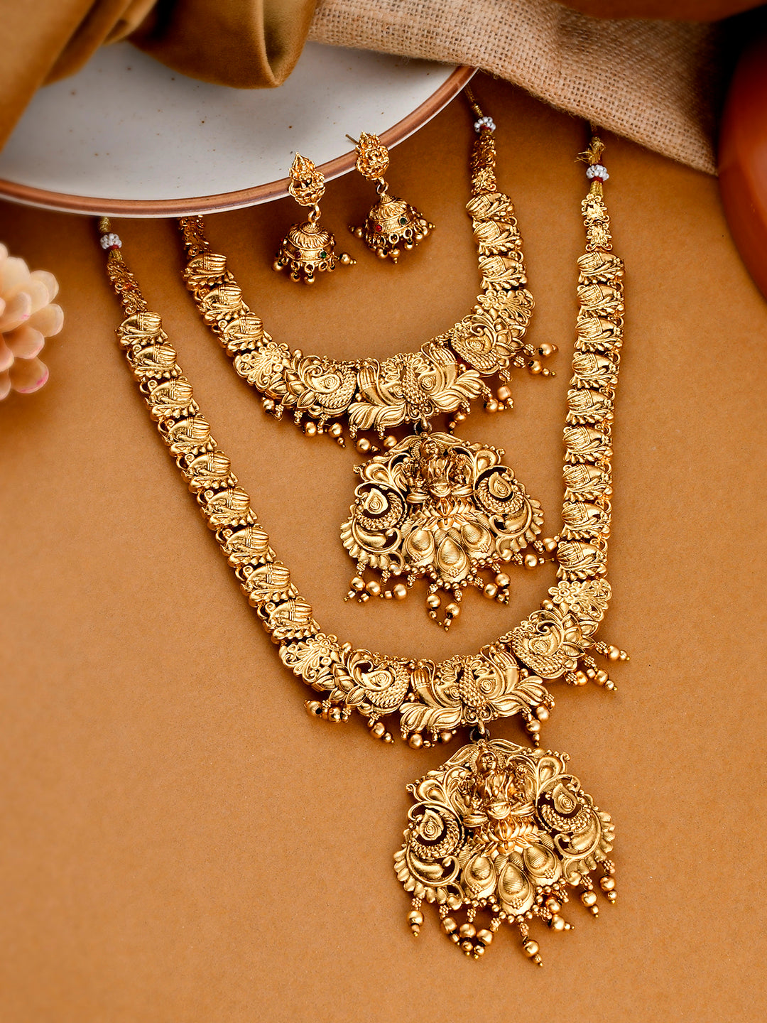 Bridal Necklace Set Gold Plated Sets With Price Gold Plated Heavy Long Temple Jewellery Set