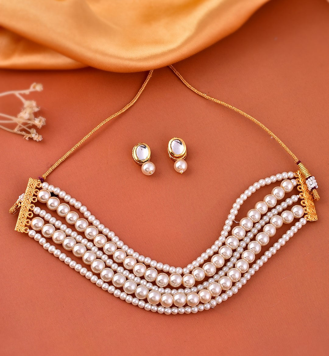 White Pearl Layered Choker Jewelery Set