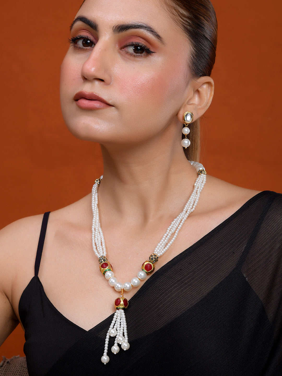 Pearl Long Necklace Set for Women | Kundan Pearl Mala with Tassel Pendant & Earrings