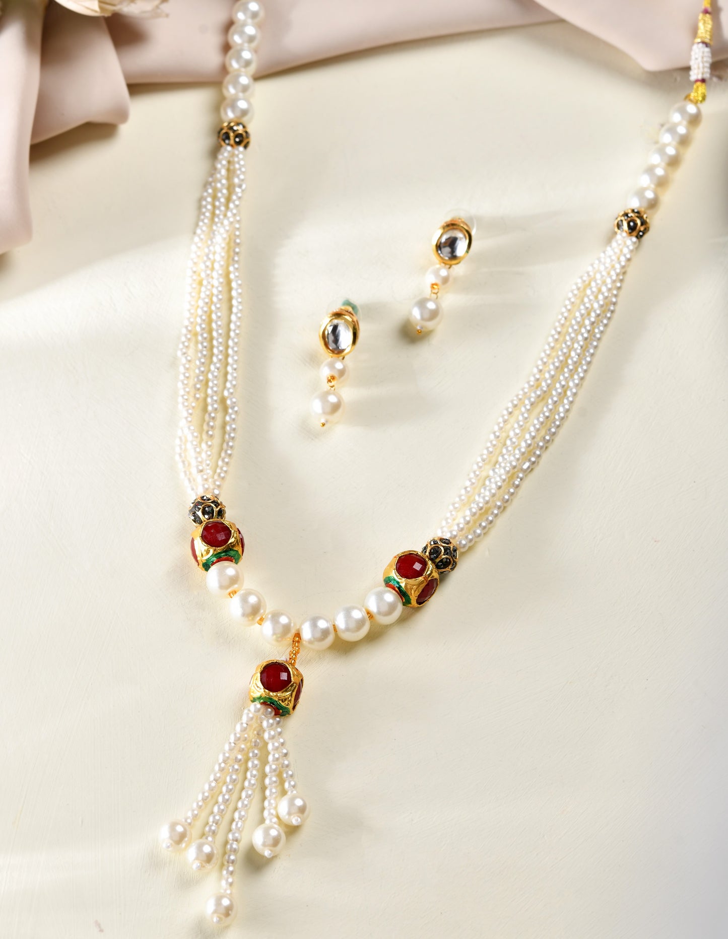 Pearl Long Necklace Set for Women | Kundan Pearl Mala with Tassel Pendant & Earrings