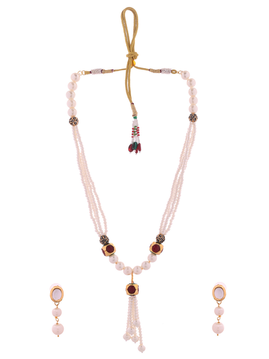 Pearl Long Necklace Set for Women | Kundan Pearl Mala with Tassel Pendant & Earrings