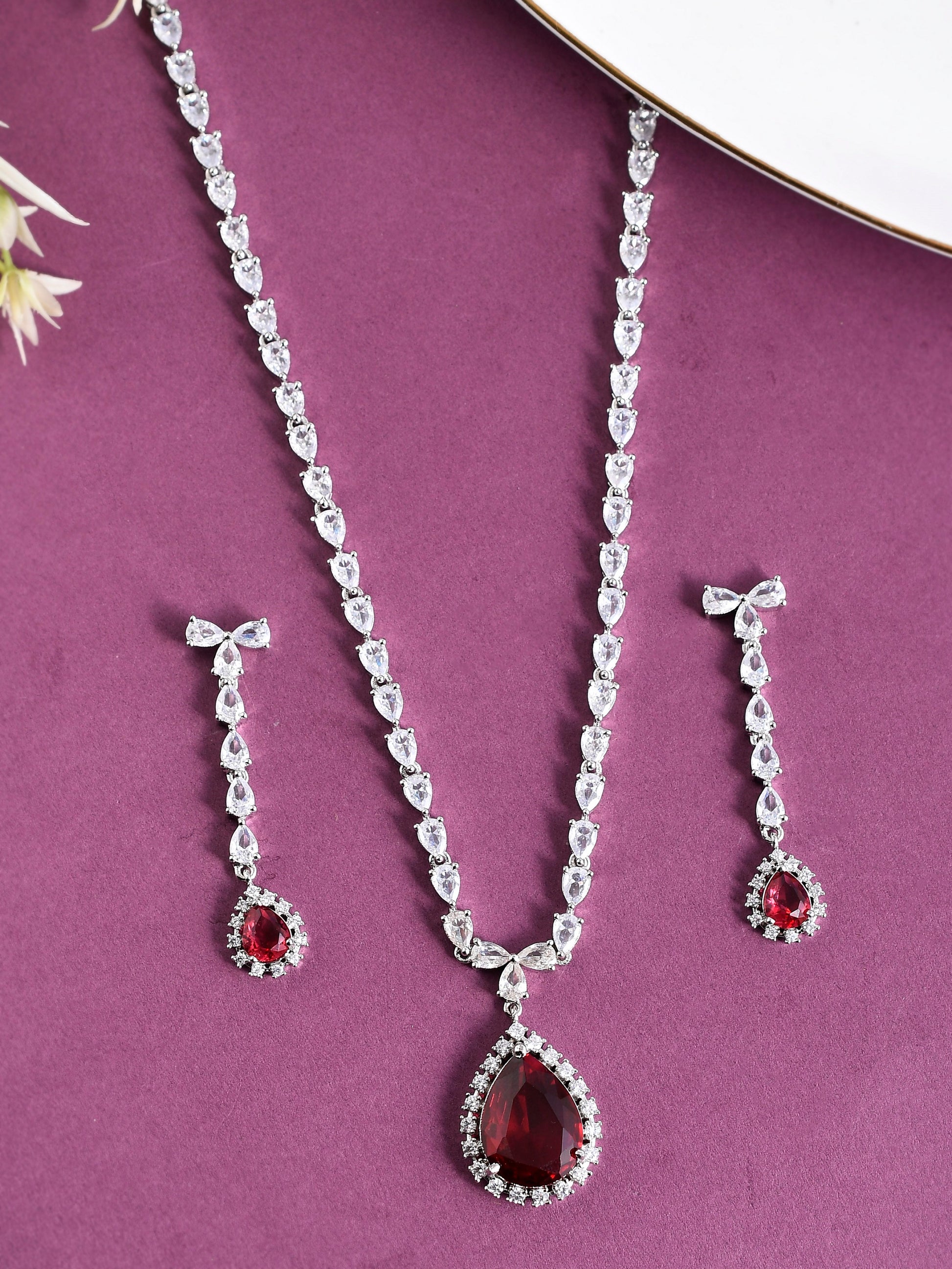 Silver Plated American Diamond Long Necklace Jewellery Set