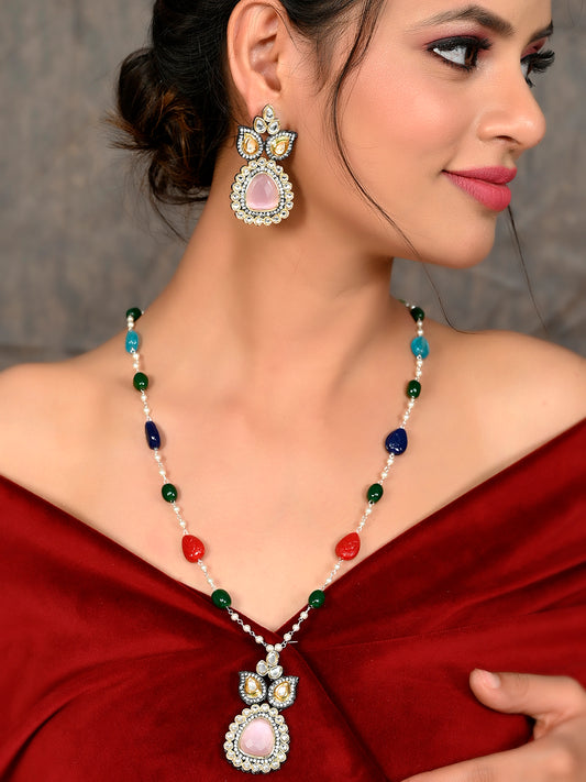 Multicolor Beaded Kundan Necklace Set With Pendant & Matching Earrings For Women