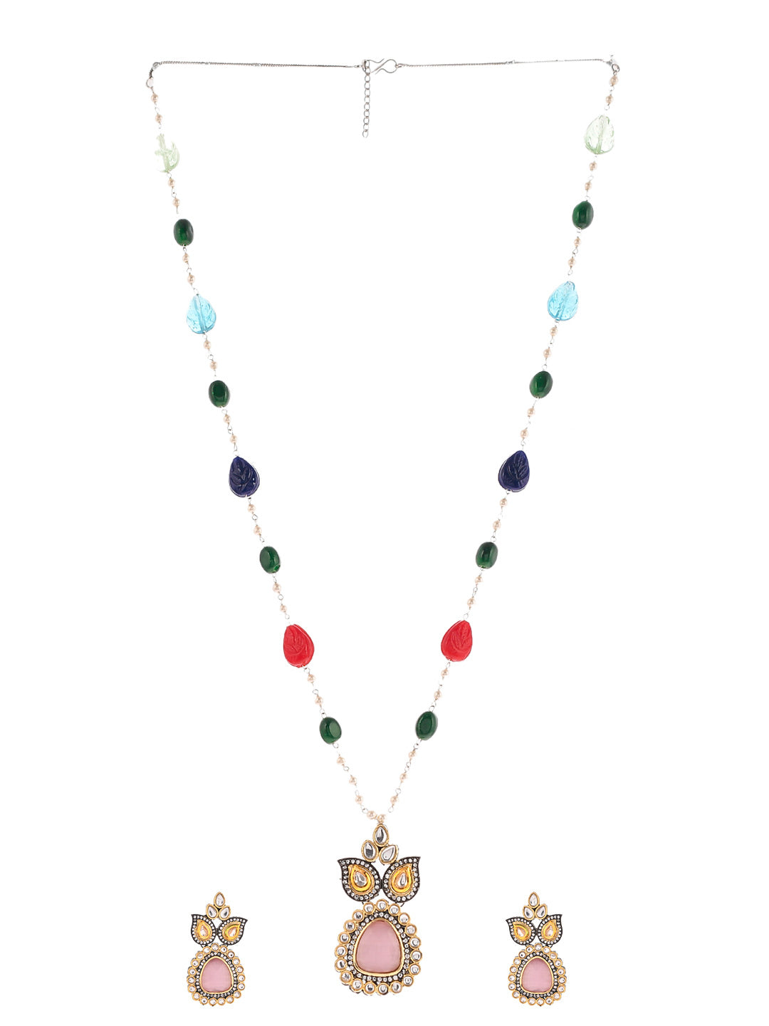 Multicolor Beaded Kundan Necklace Set With Pendant & Matching Earrings For Women