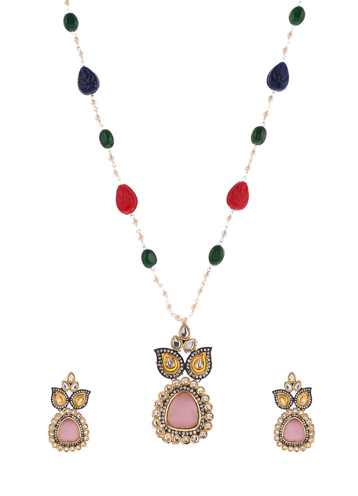 Multicolor Beaded Kundan Necklace Set With Pendant & Matching Earrings For Women