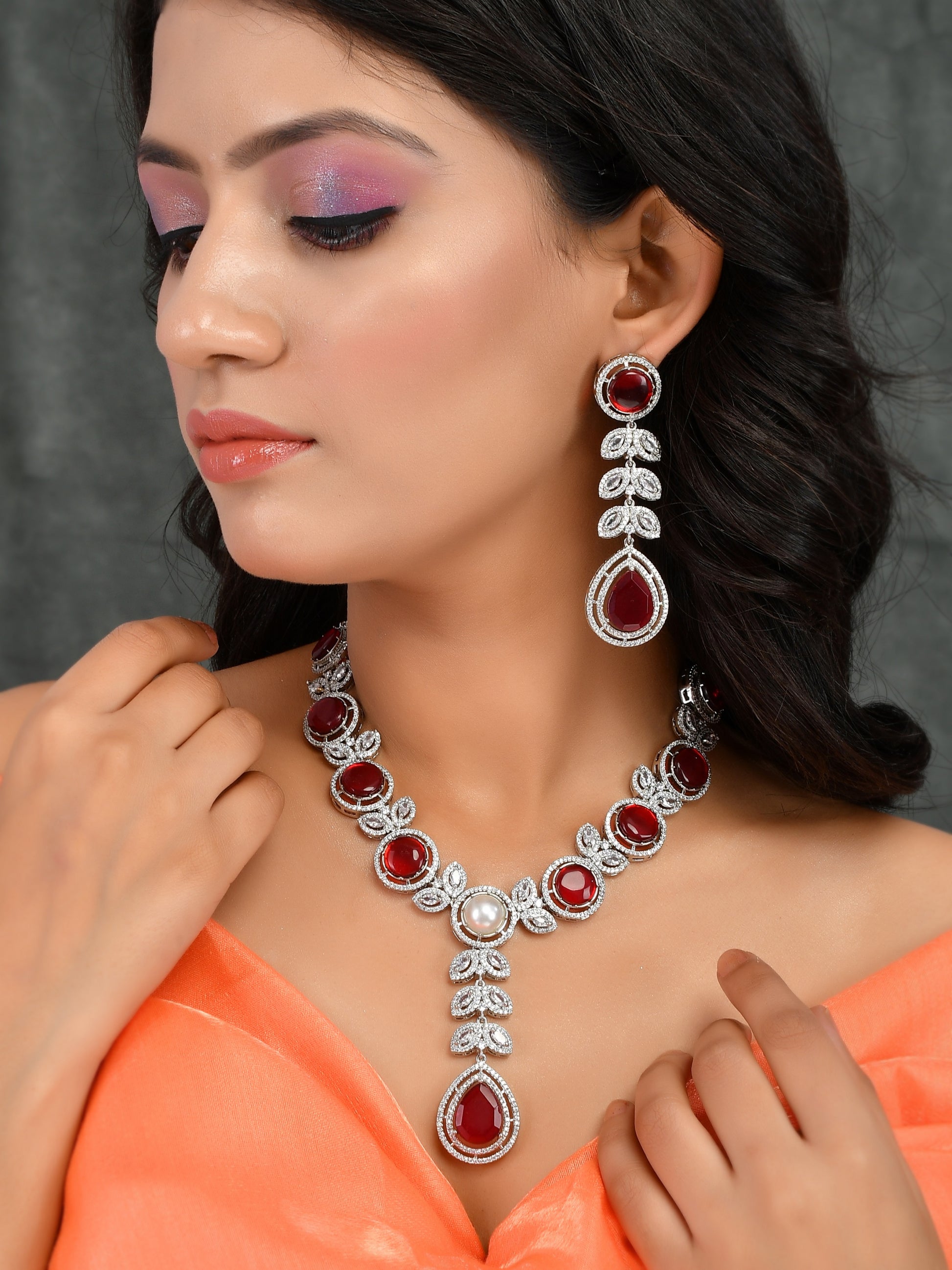 Red Stone American Diamond Jewellery Sets for Women Online