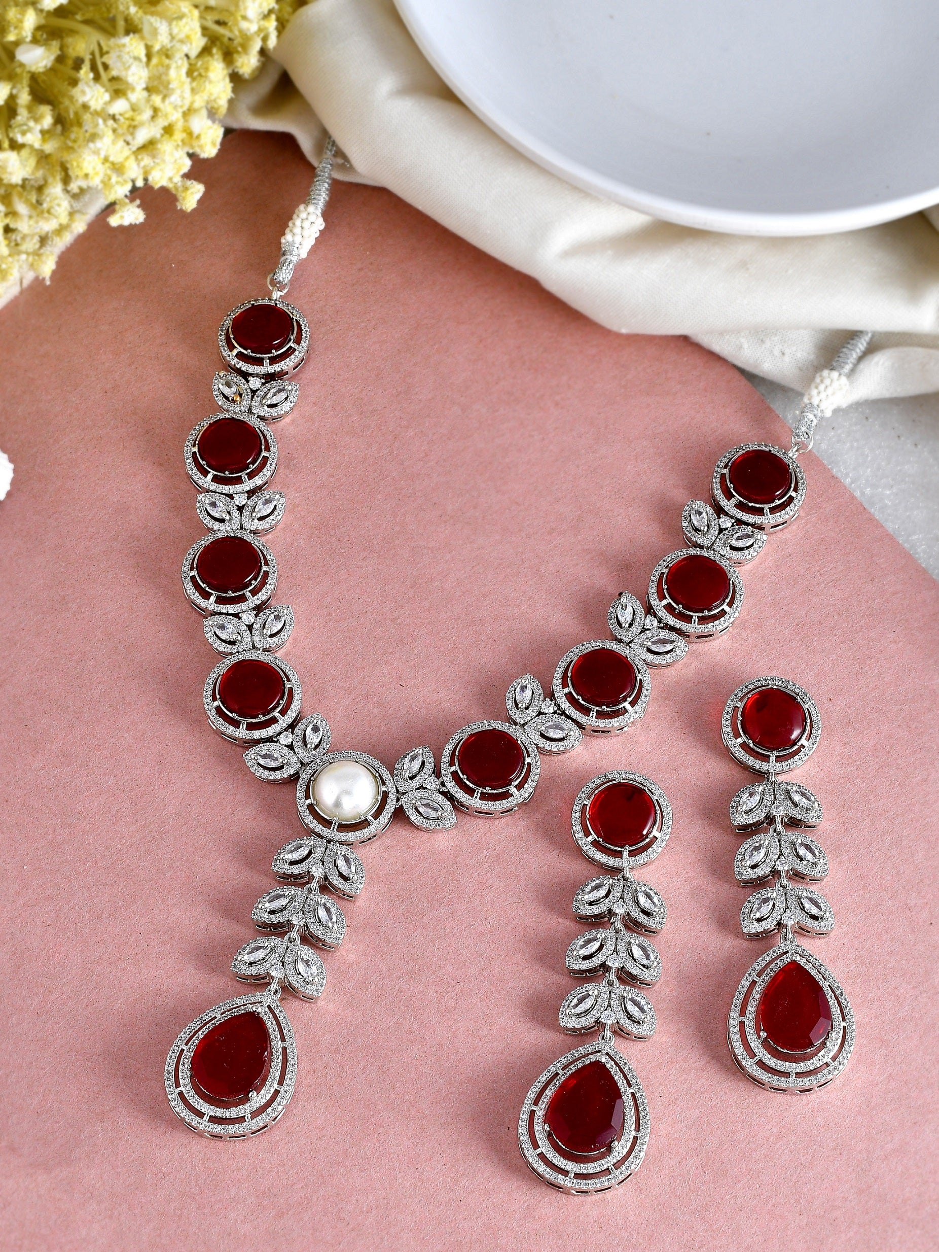 Red Stone American Diamond Jewellery set1