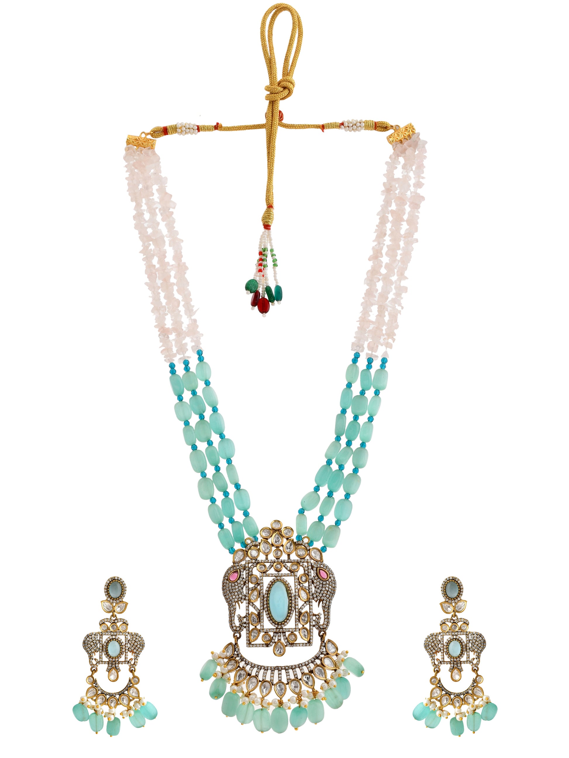 Gold Plated Green & Rose Quartz Layered Long Jewellery Set