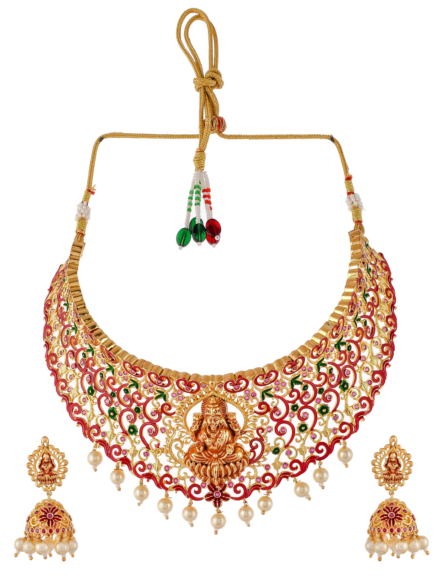 Gold Plated Red & Green Stone Studded Laxmi Jewelry Set