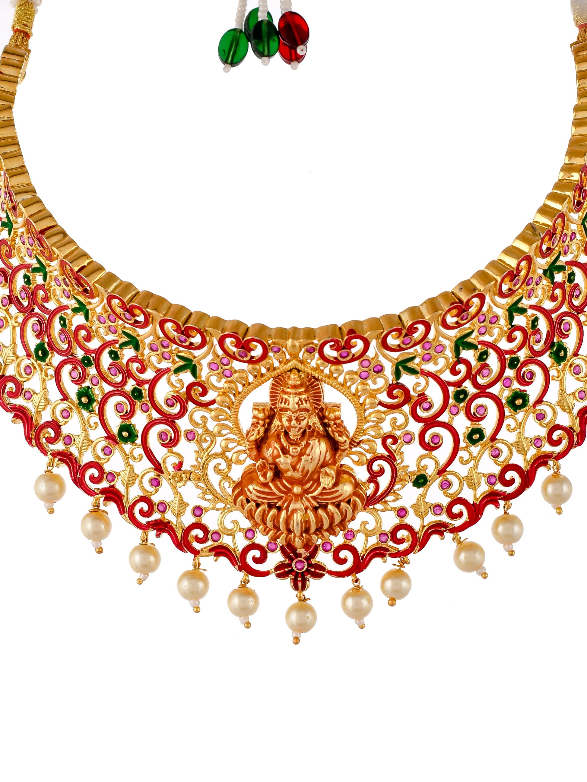 Gold Plated Red & Green Stone Studded Laxmi Jewelry Set