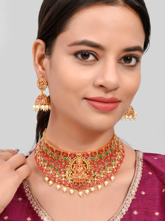Gold Plated Red & Green Stone Studded Laxmi temple jewellery set