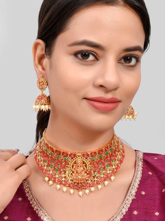 Gold Plated Red & Green Stone Studded Laxmi Jewelry Set