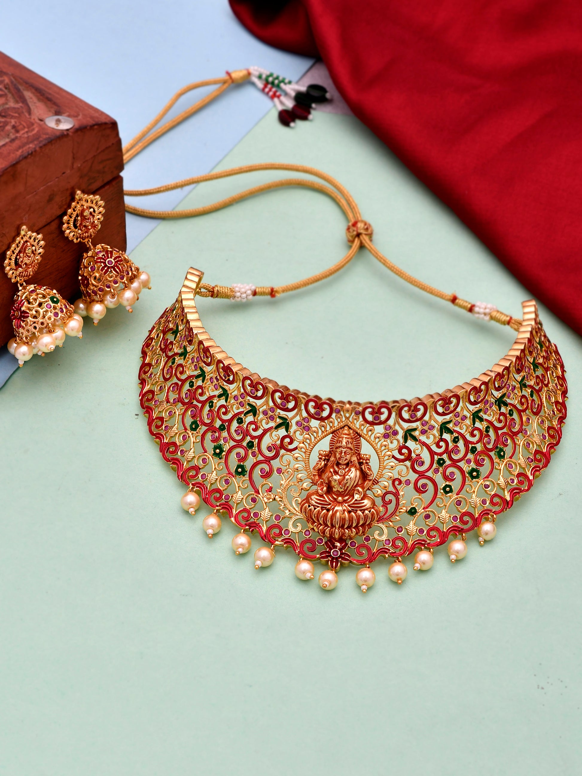 Gold Plated Red & Green Stone Studded Laxmi Jewelry Set