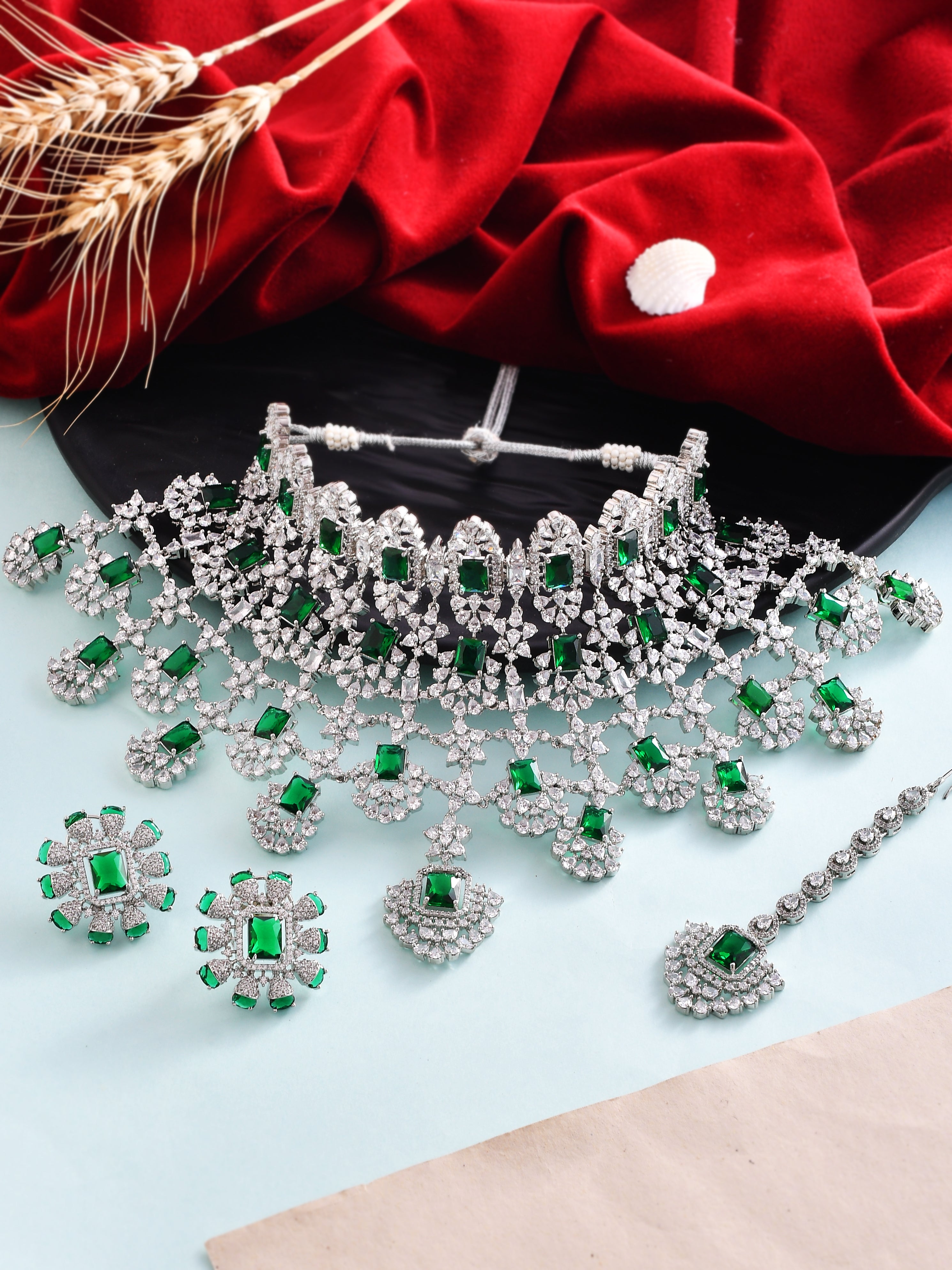 Mint Green American Diamond Necklace earring set | Trending Party chok –  Indian Designs