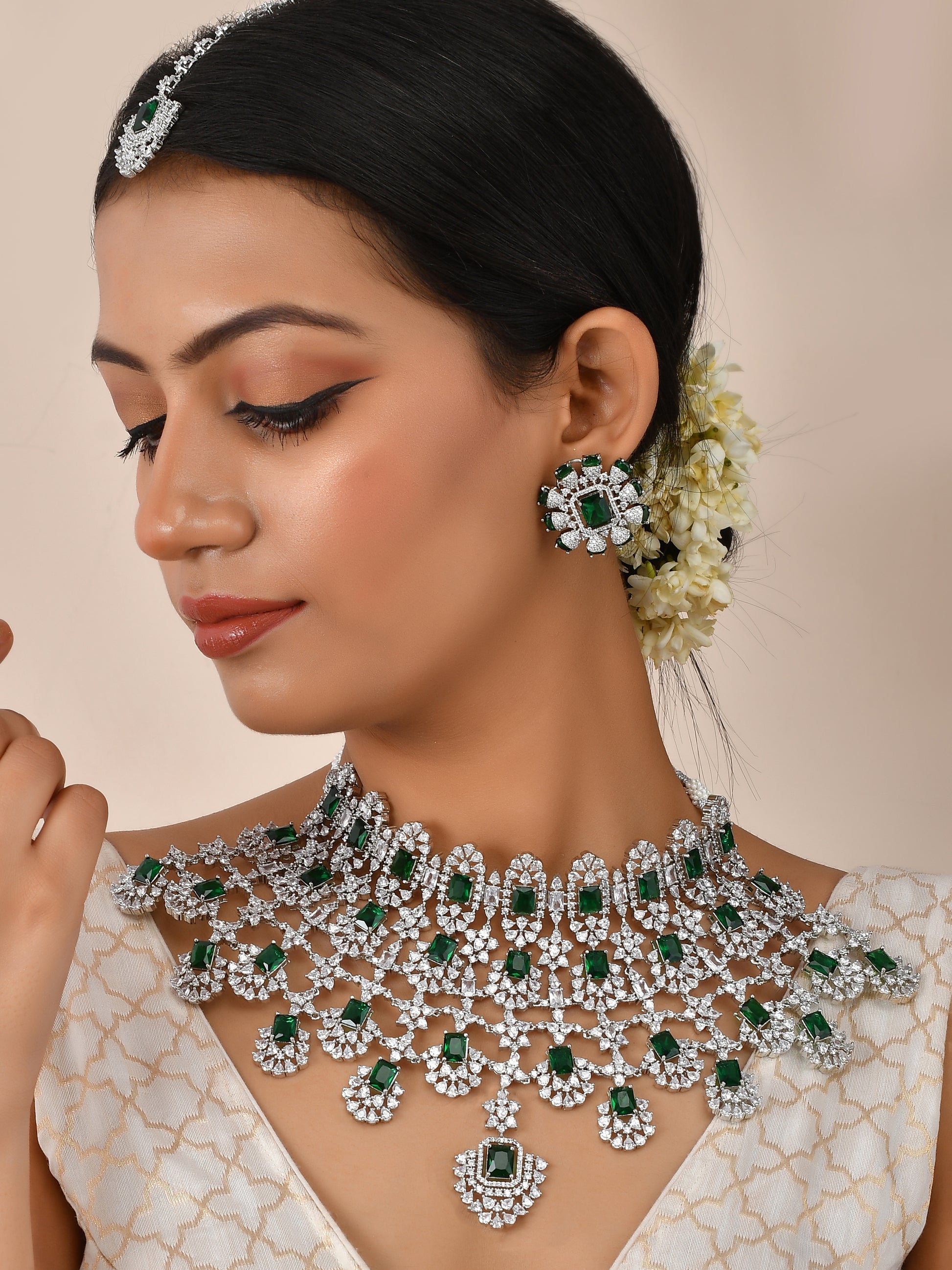 Bridal Jewelry Set Indian Jewelry American Diamonds Emerald 
