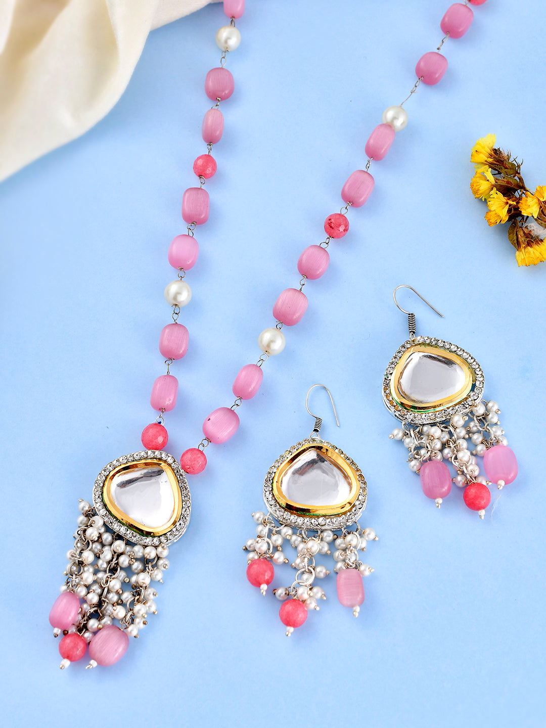 Pink beads Kundan Jewellery Set for women