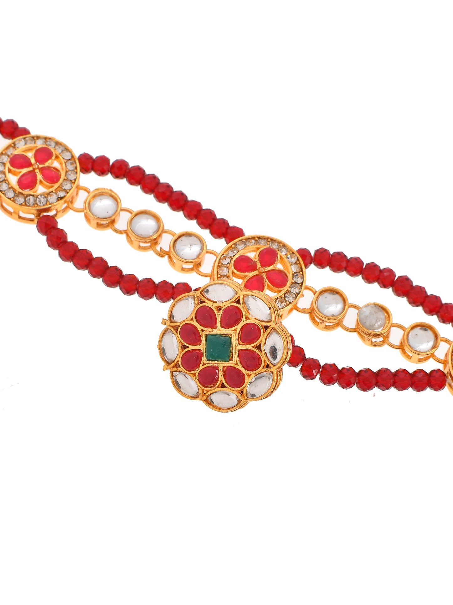 Gold Plated Kundan Layered Borla Beads Stubbed Sheeshphool Matha Patti