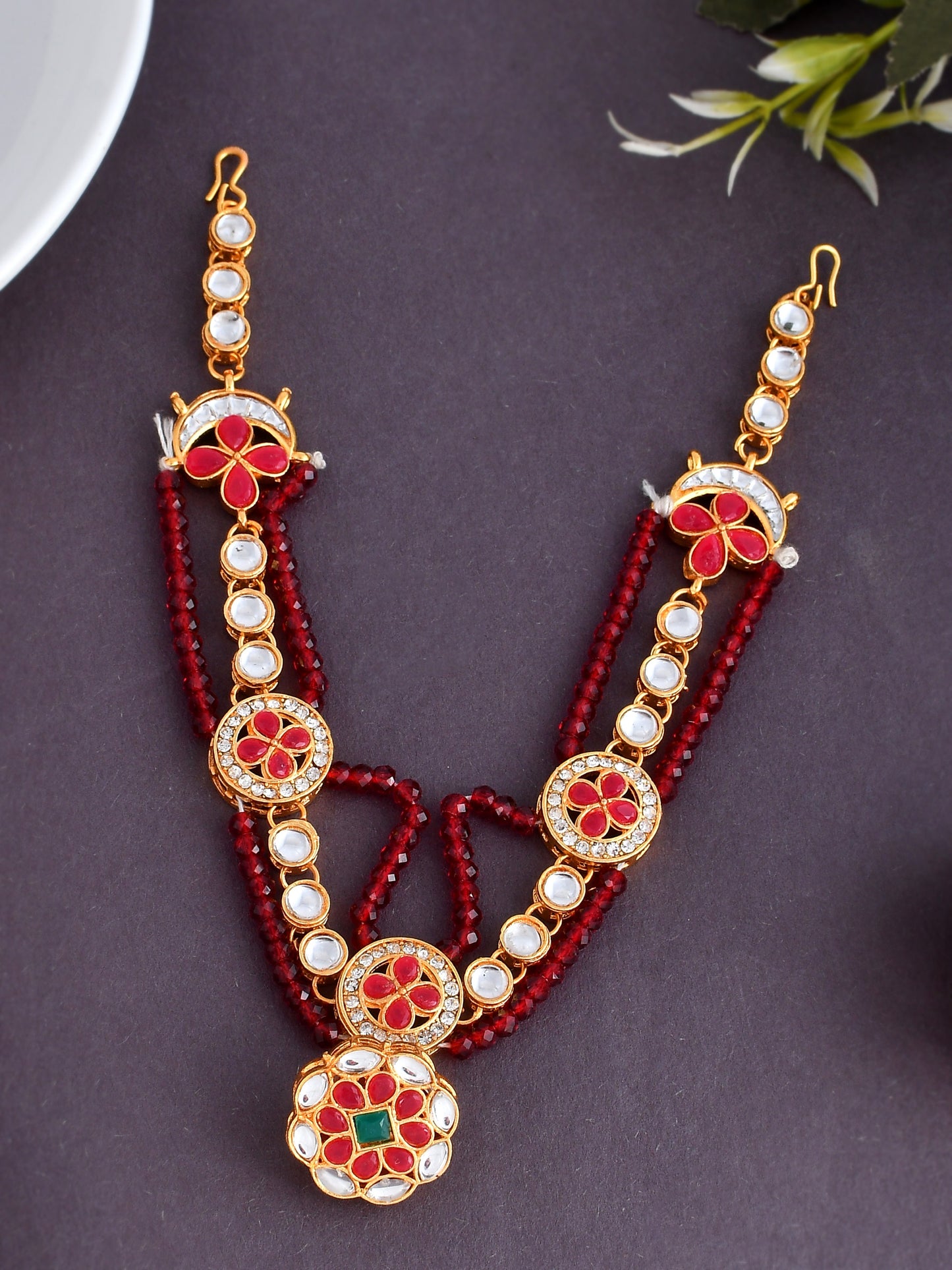 Gold Plated Kundan Layered Borla Beads Stubbed Sheeshphool Matha Patti