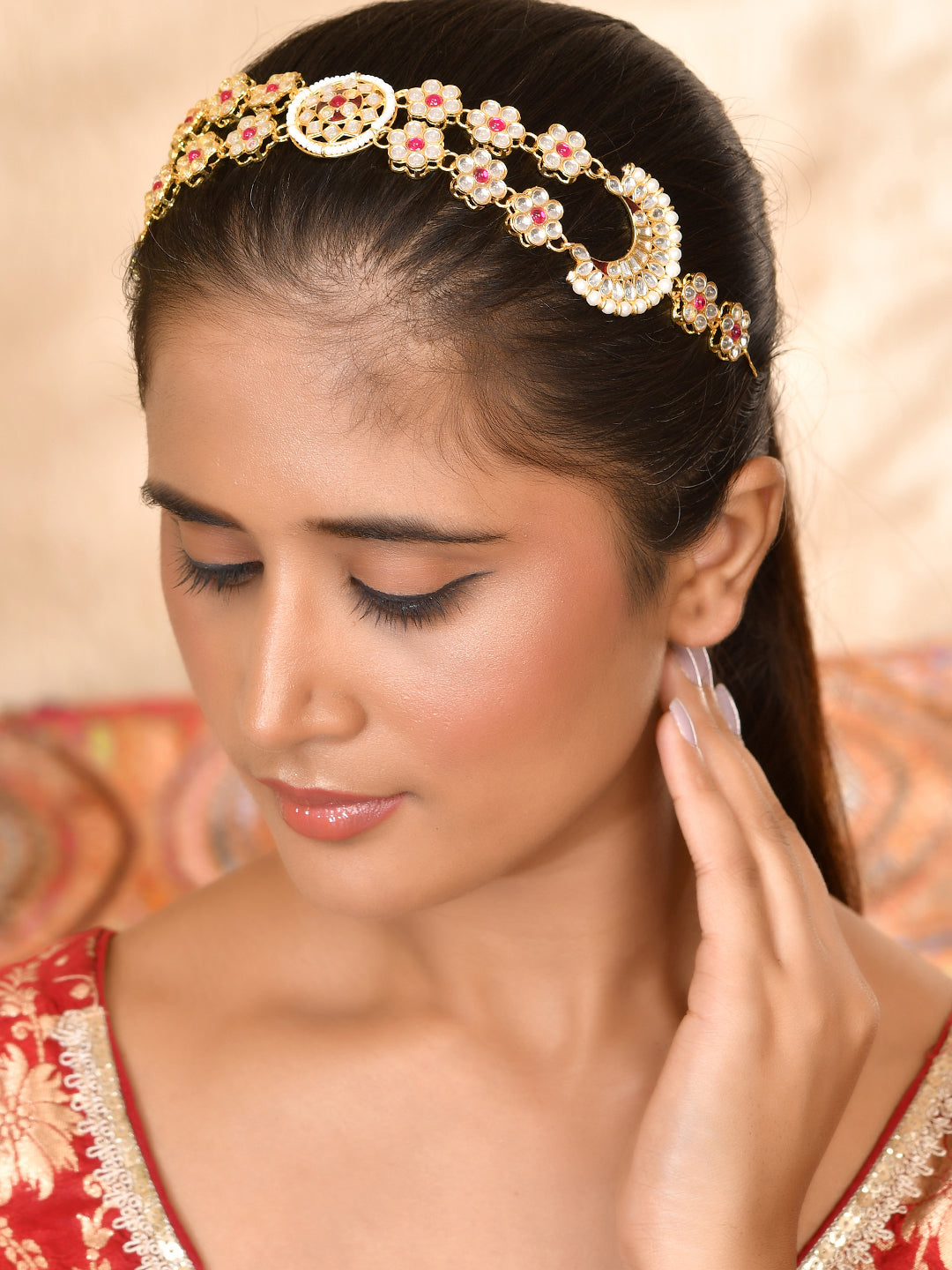 Buy Traditional Kundan Matha Patti with Red & White Stones, Gold-Plated for women (SBMT23N_358)