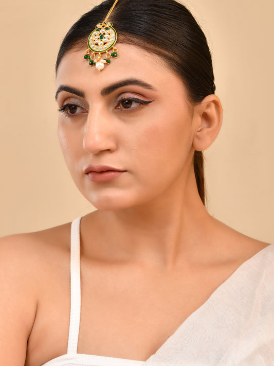 Traditional Kundan Maang Tikka with Pearl Drops For Women  | Bridal Head Jewellery