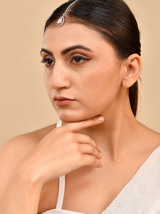 Silver Plated Pink Long Chain Maang Tikka For Women | Party Wear & Wedding Jewelry