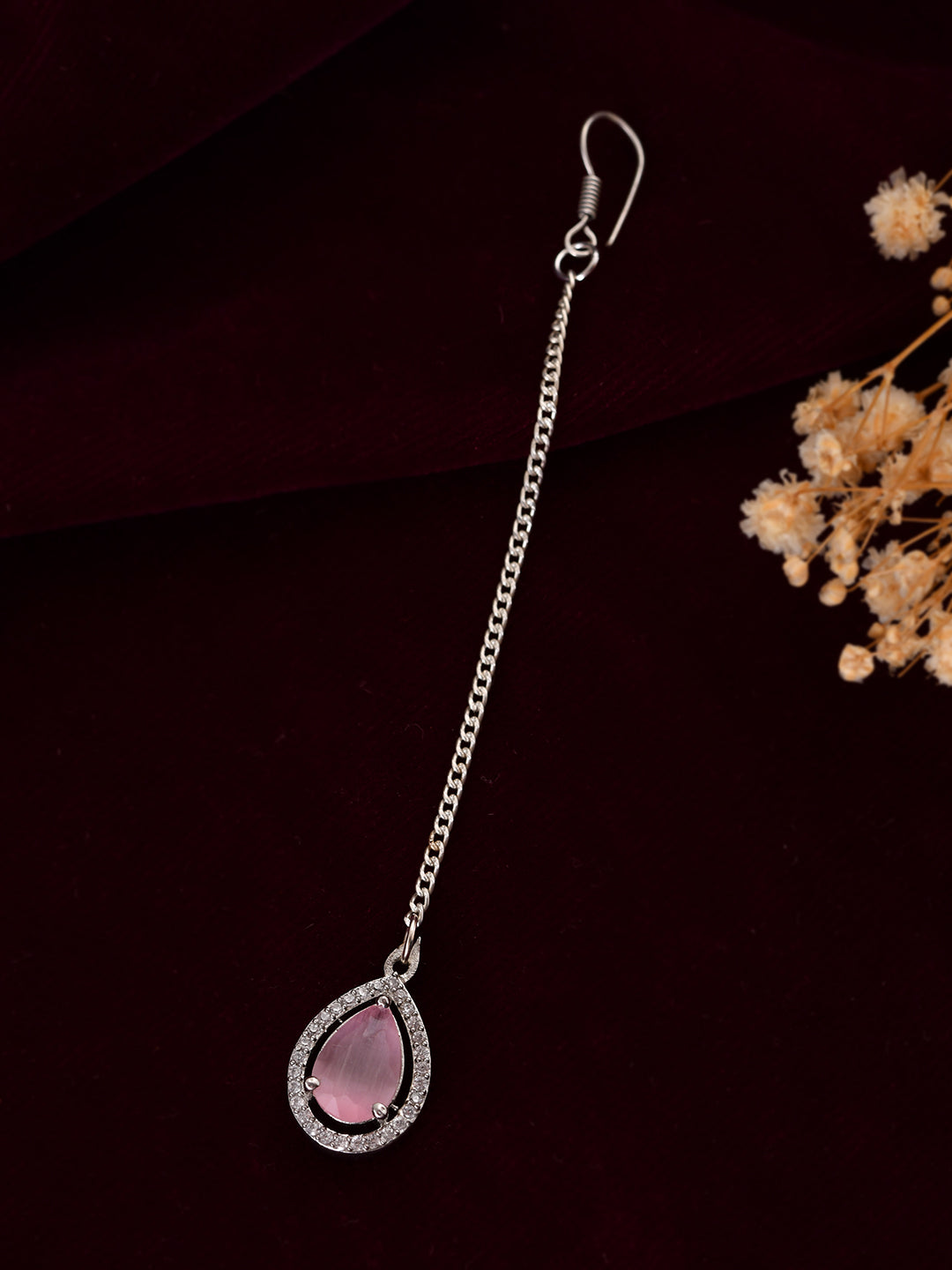 Silver Plated Pink Long Chain Maang Tikka For Women | Party Wear & Wedding Jewelry
