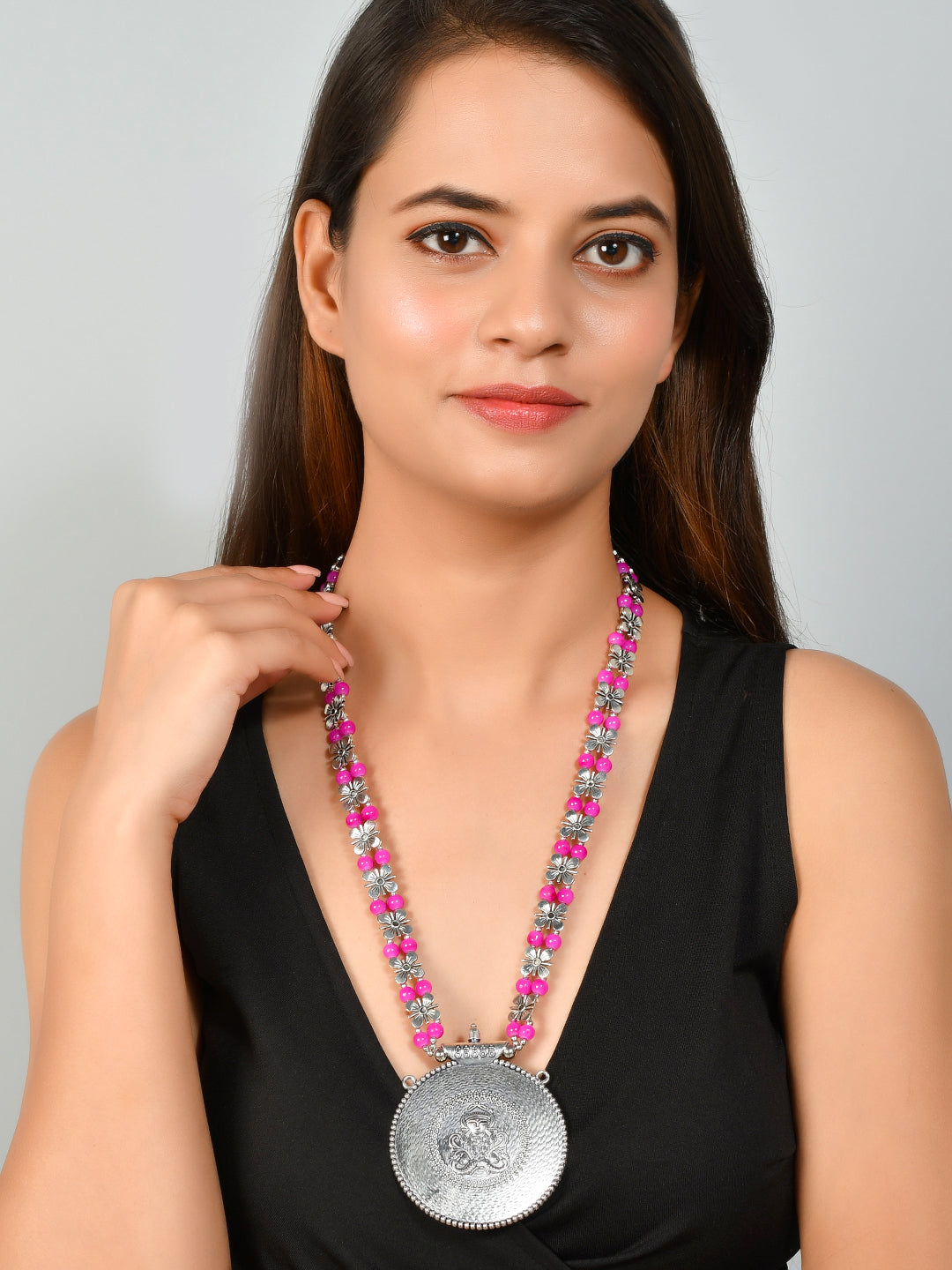 Pink Beads Statement Silver plated Necklace