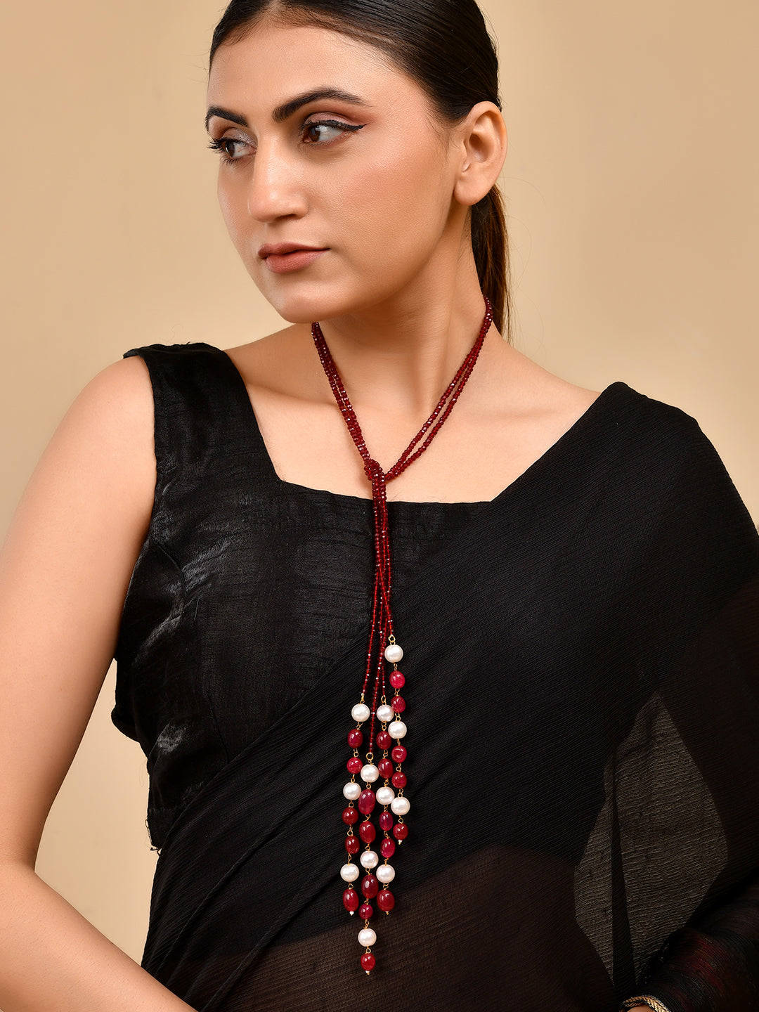 Handcrafted Ruby Red Crystal & Pearl Long Necklace |  Multi-Strand Statement For Women