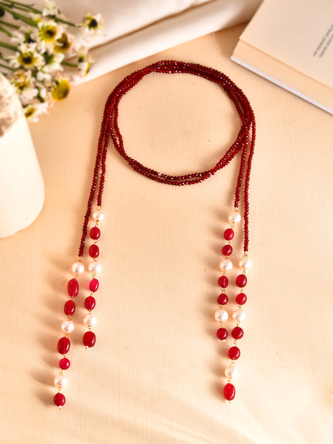 Handcrafted Ruby Red Crystal & Pearl Long Necklace |  Multi-Strand Statement For Women
