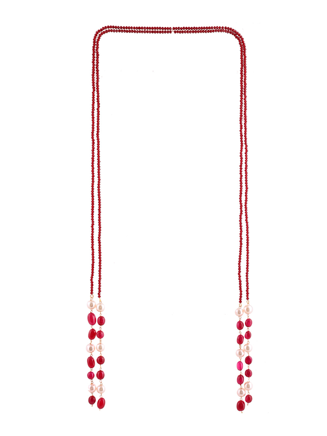 Handcrafted Ruby Red Crystal & Pearl Long Necklace |  Multi-Strand Statement For Women
