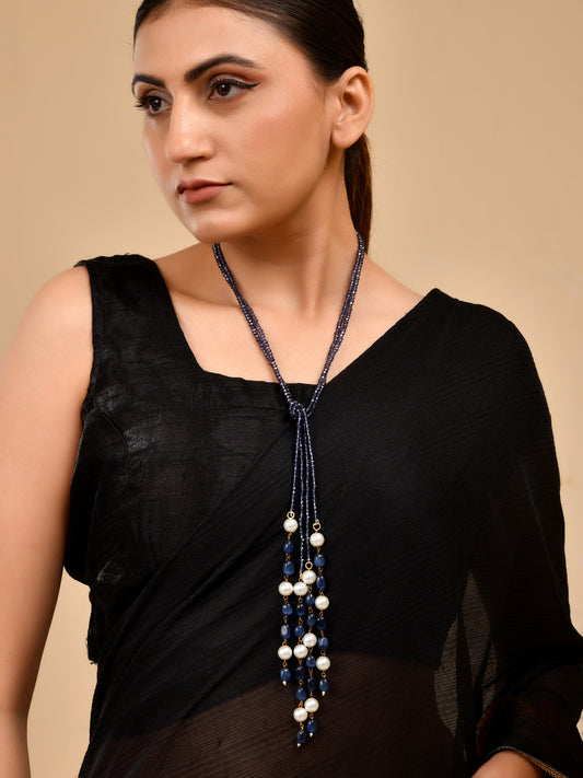 Blue Beaded Layered Tassel Tie Note Necklace For Women | Statement Fashion Jewelry