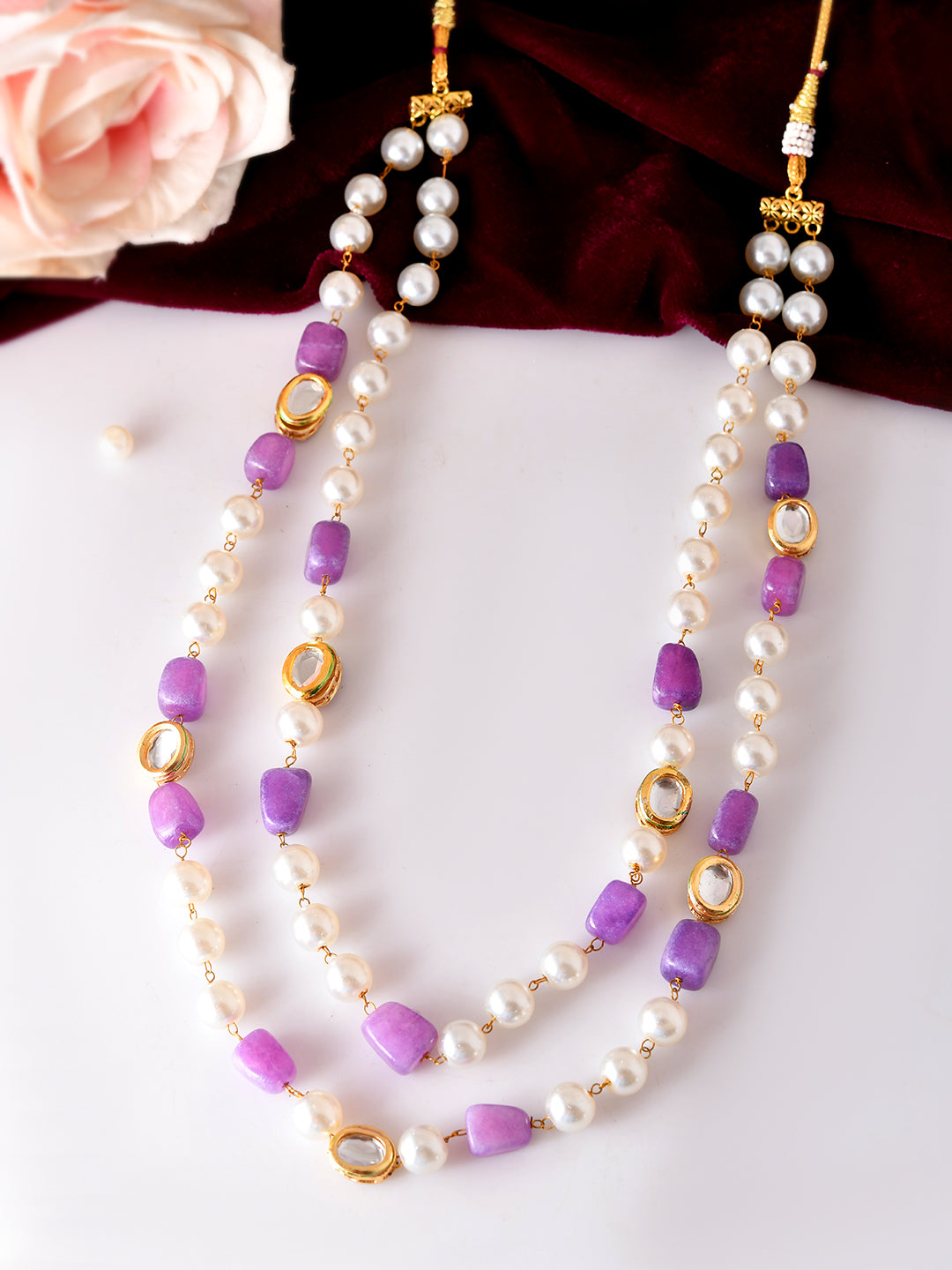 Purple Beads & Pearl Necklace Double Layer Gold Plated Jewellery For Women