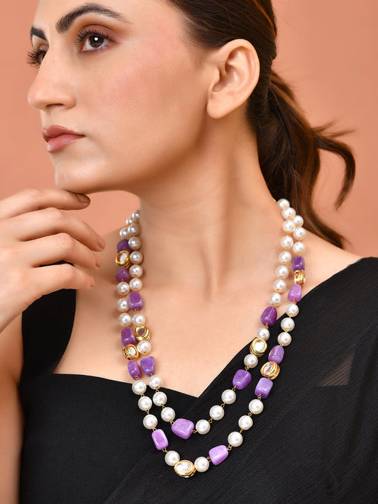 Purple Beads & Pearl Necklace Double Layer Gold Plated Jewellery For Women