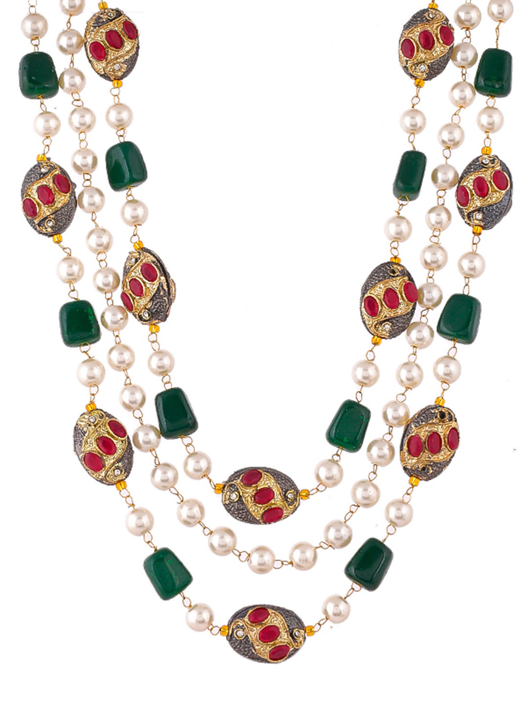 Gold-Plated Stones & Beaded Brass Layered Necklace