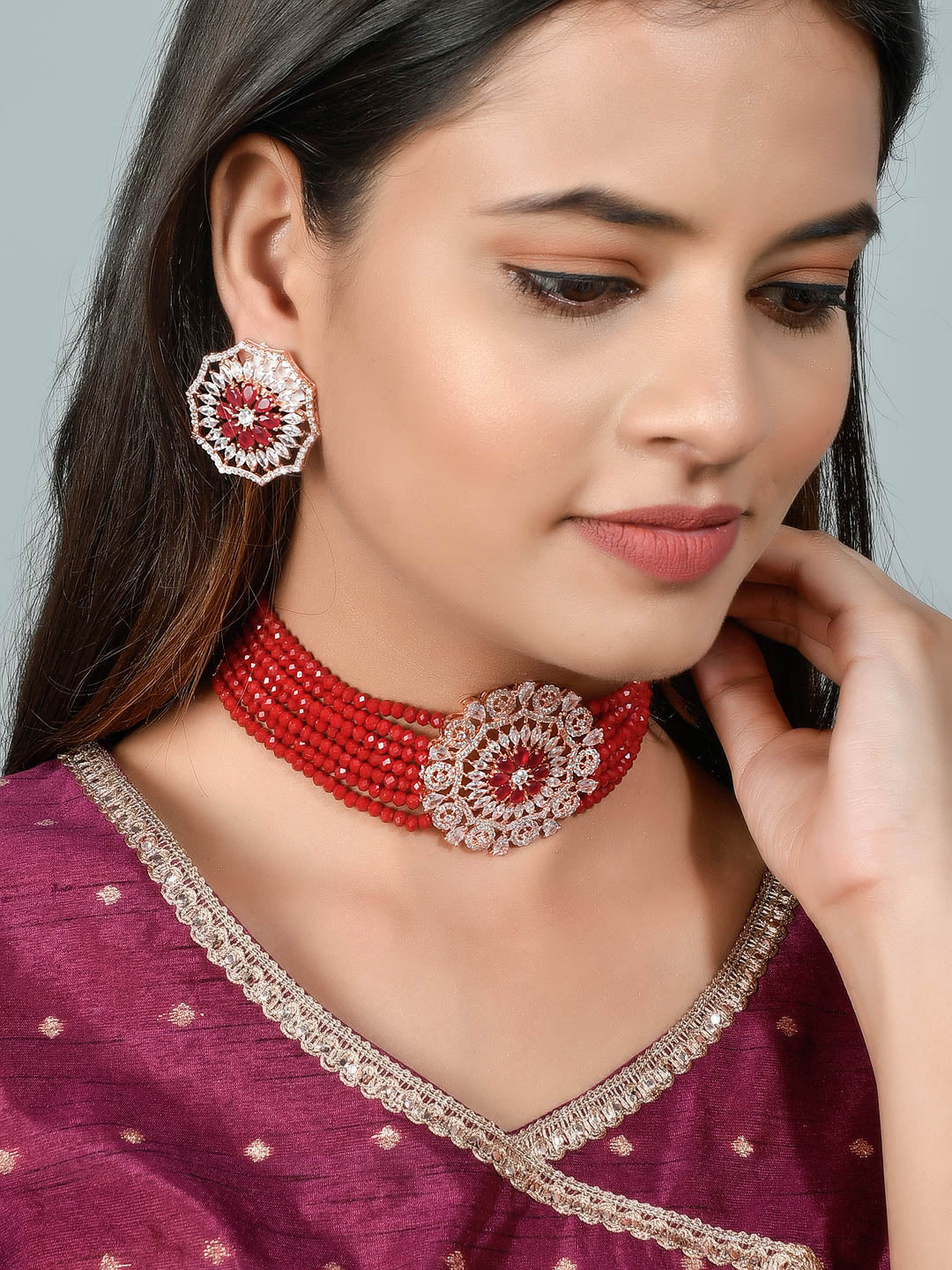 American Diamond Choker Red Necklace Set for Women Online