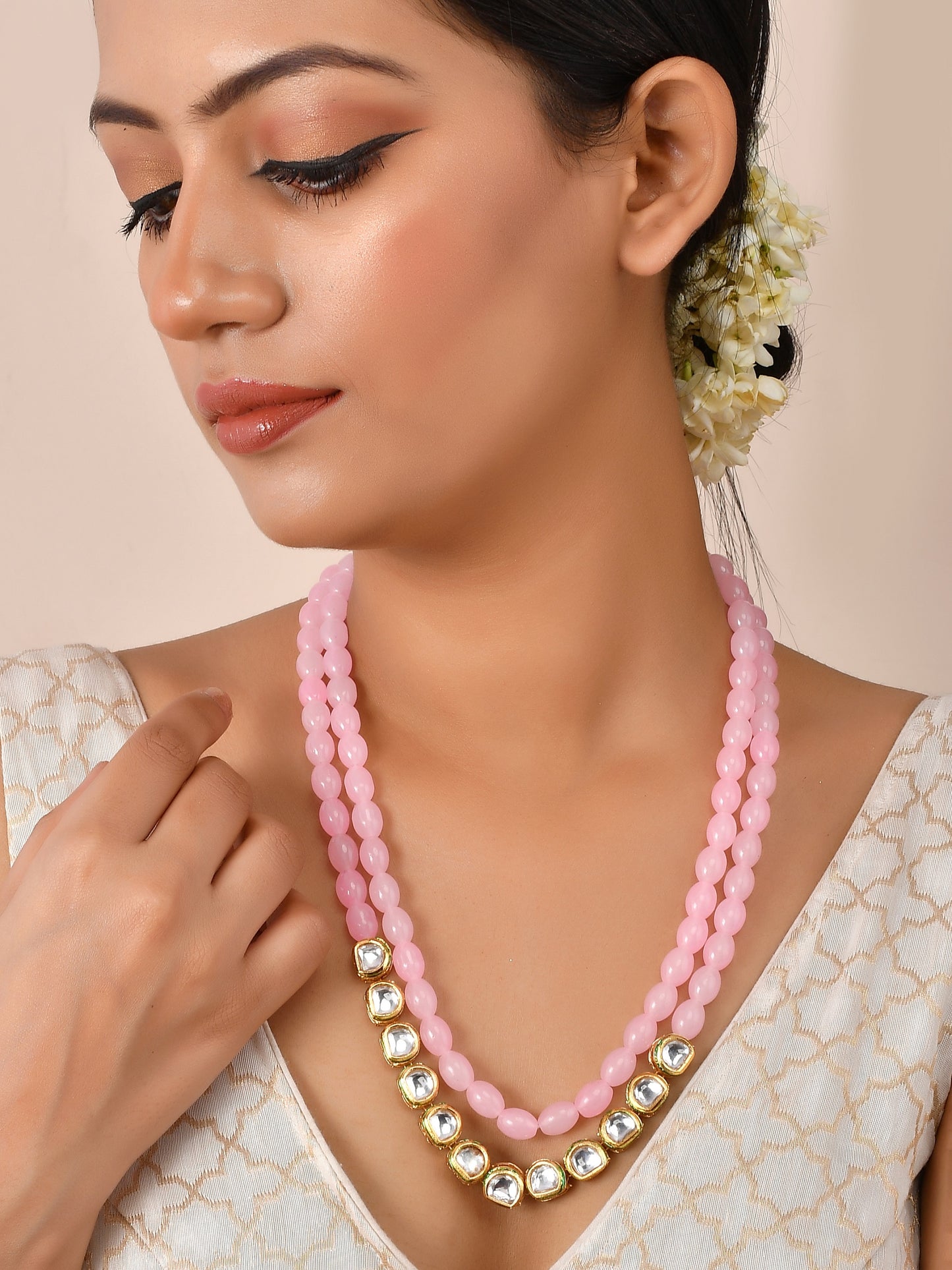 Unisex Pink & Gold Plated Kundan Layered Necklace