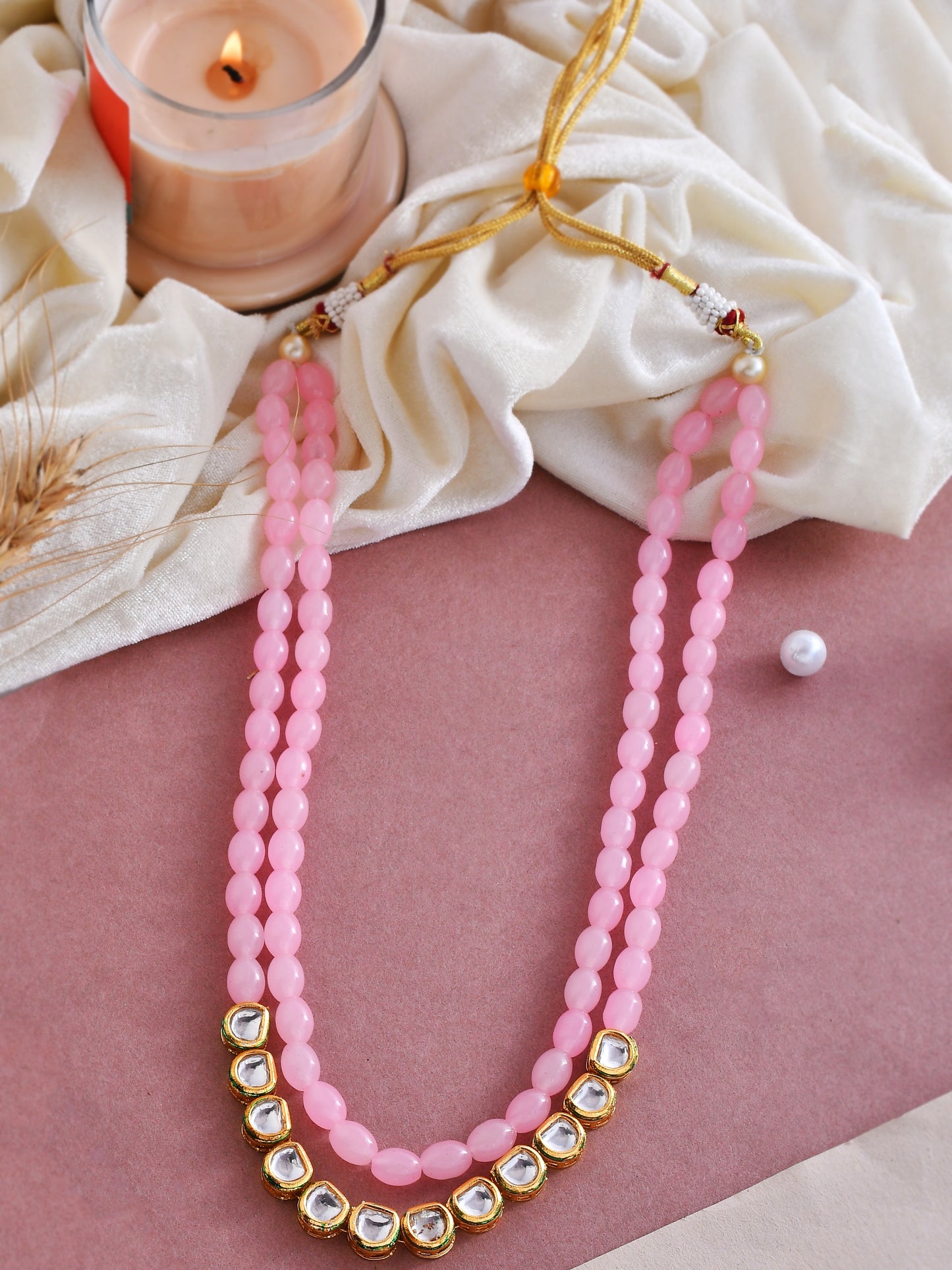 Unisex Pink & Gold Plated Kundan Layered Necklace