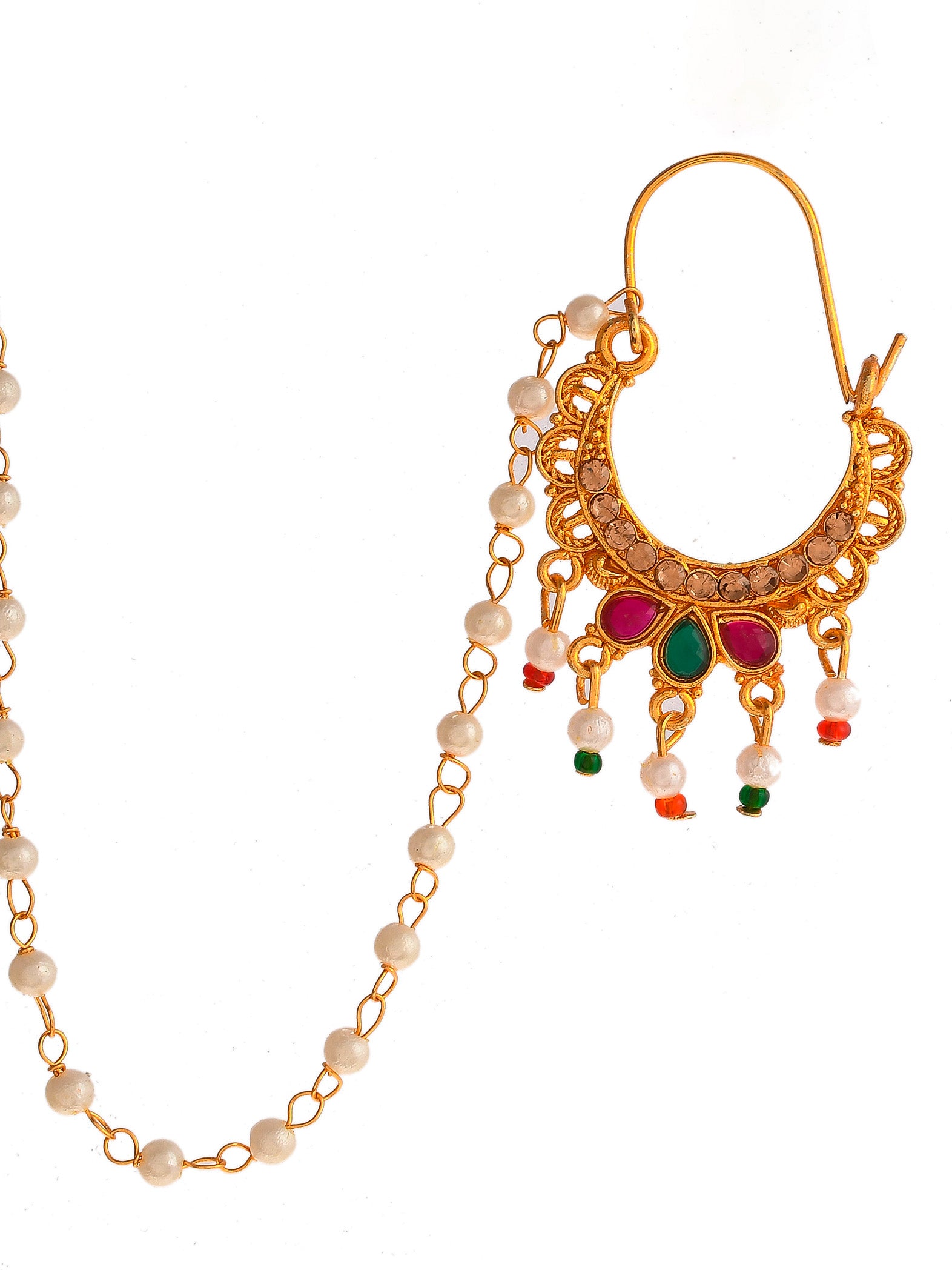 KUNDAN POLKI & PEARL GOLD PLATED BRIDAL NOSE RING – Sanvi Jewels