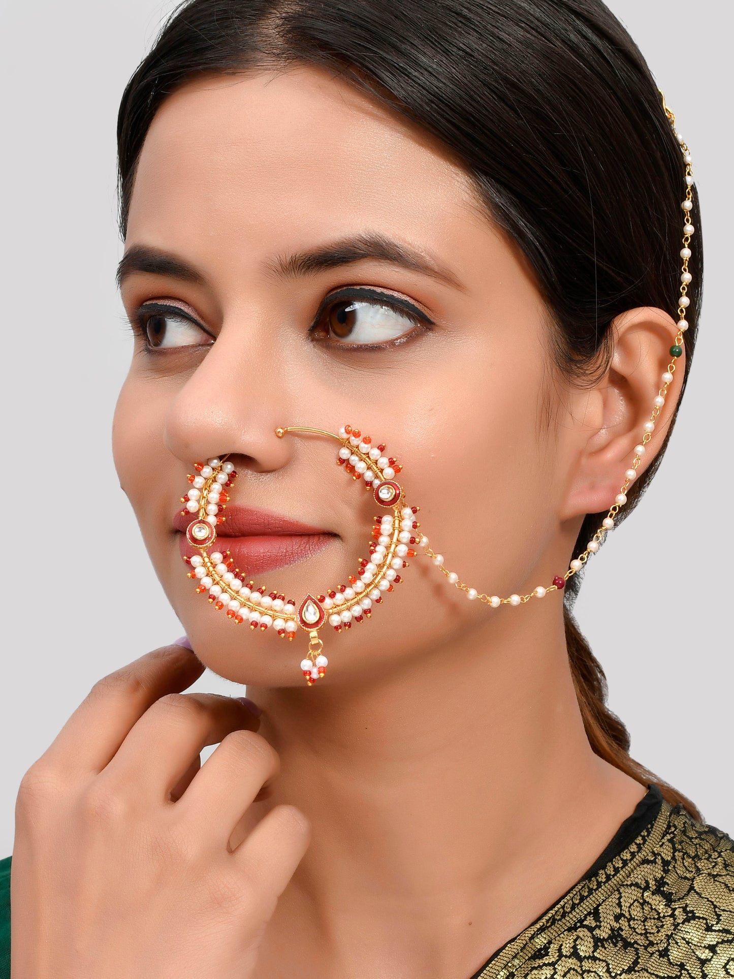 Pearl Bridal Chained Kundan Nose Ring