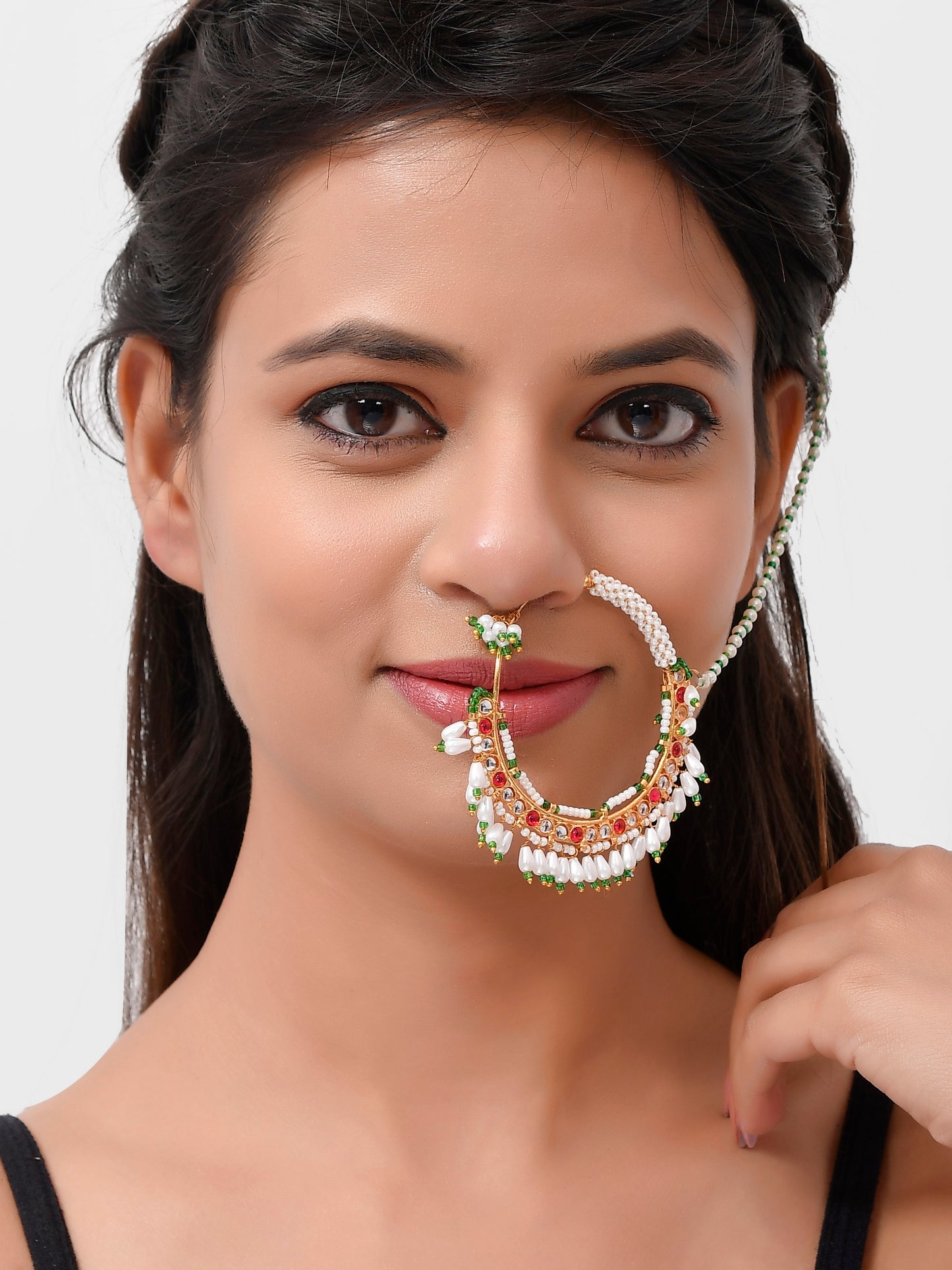 Gold Plated Red & White Stone Studded & Beaded Nose Ring