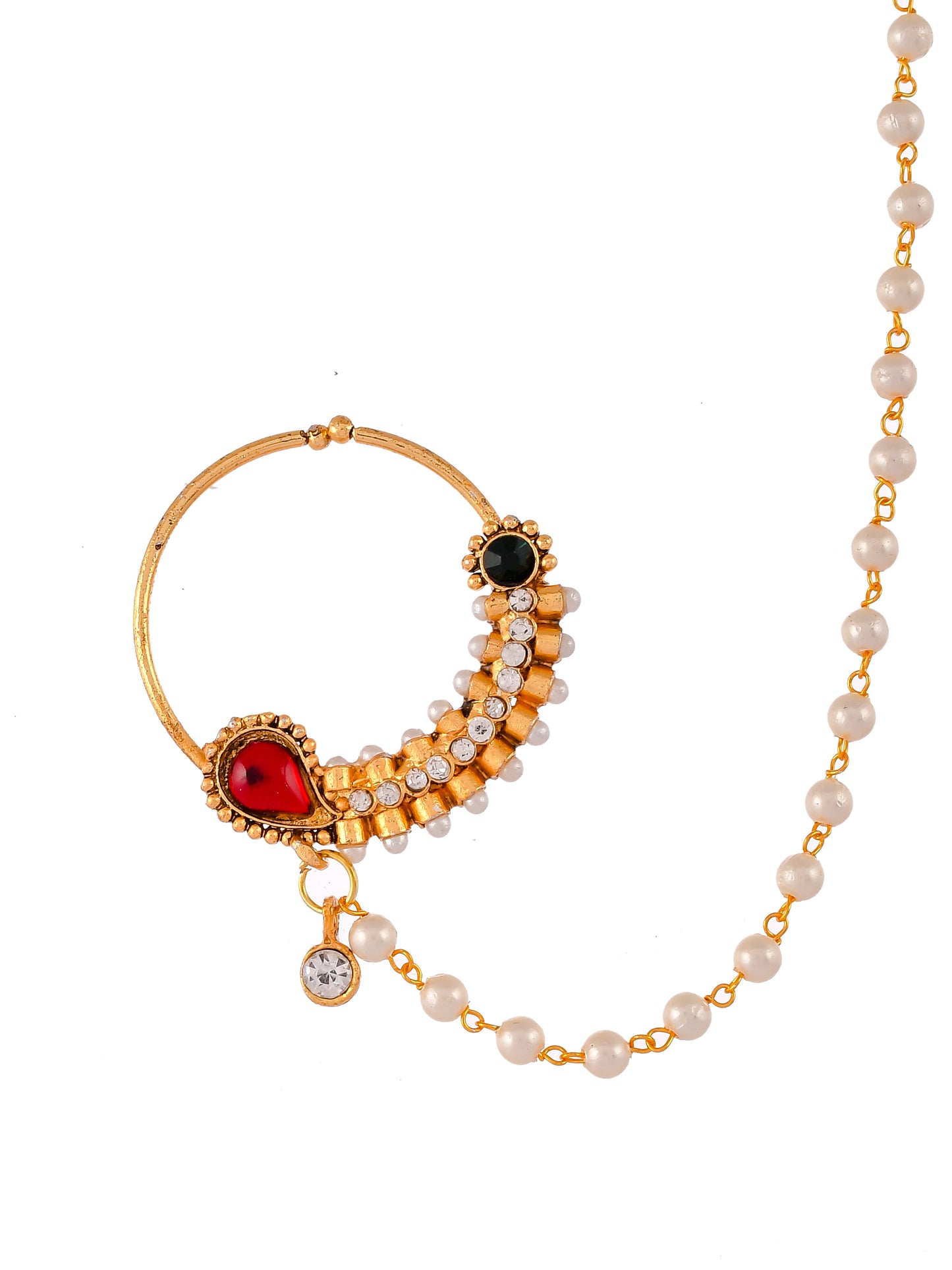 Gold-plated Red & White Stone-Studded & Beaded Nose Pin