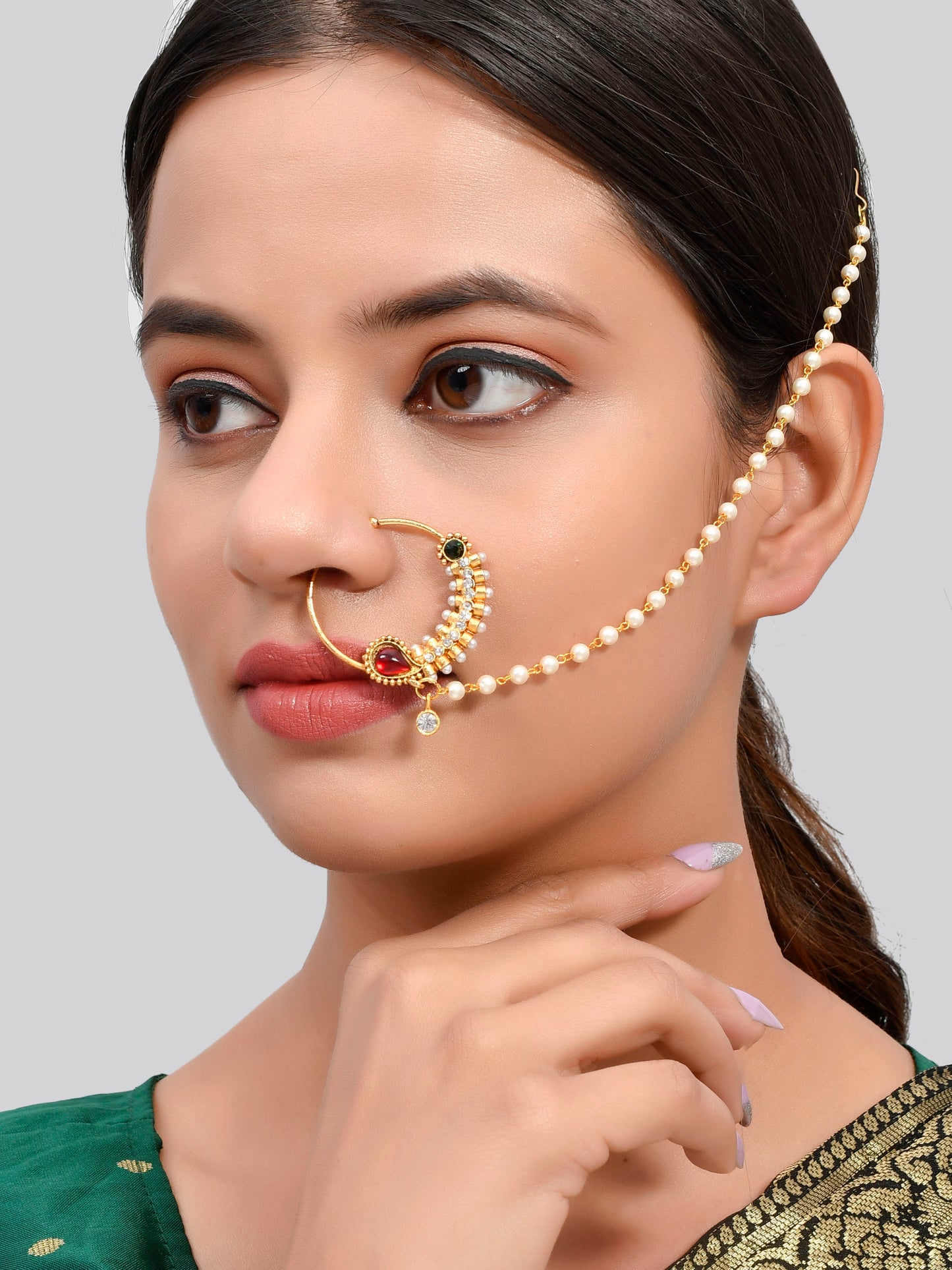 Gold-plated Red & White Stone-Studded & Beaded Nose Pin
